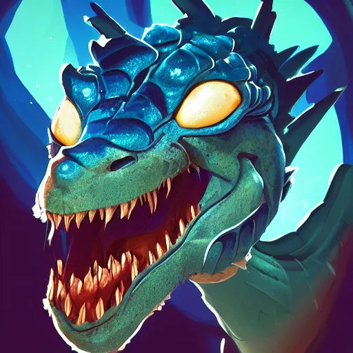 Image similar to portrait of an antropomorphic dilophosaurus creature, reptile face, dark blue scales, angry look, ready for battle, mattepainting concept blizzard pixar maya engine on cold night stylized background splash comics global illumination lighting artstation lois van baarle, ilya kuvshinov, rossdraws