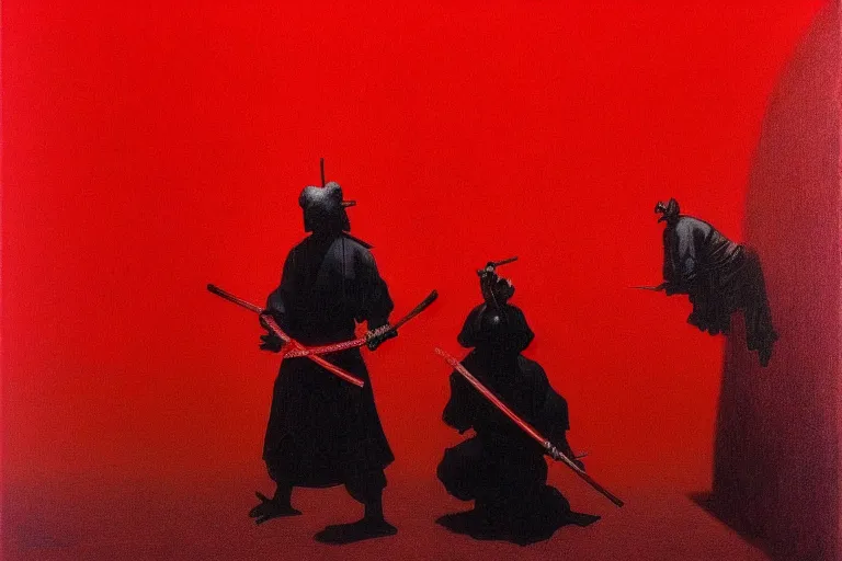 Image similar to only with red, a red samurai harakiri, tokio, a lot of frogs watch, in the style of beksinski, parts by edward hopper, parts by rodcenko, parts by yue minjun, intricate and epic composition, red by caravaggio, insanely quality, highly detailed, masterpiece, red light, artstation, 4 k