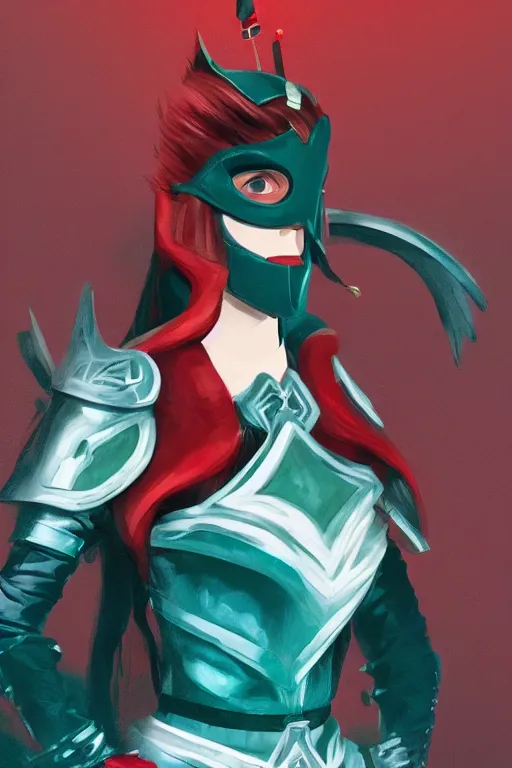 Prompt: female adventurer in tight full - body teal leather armor of japanese design with red accents and a white porcelain crow mask, trending in artstation, japanese, by wlop, establishing shot
