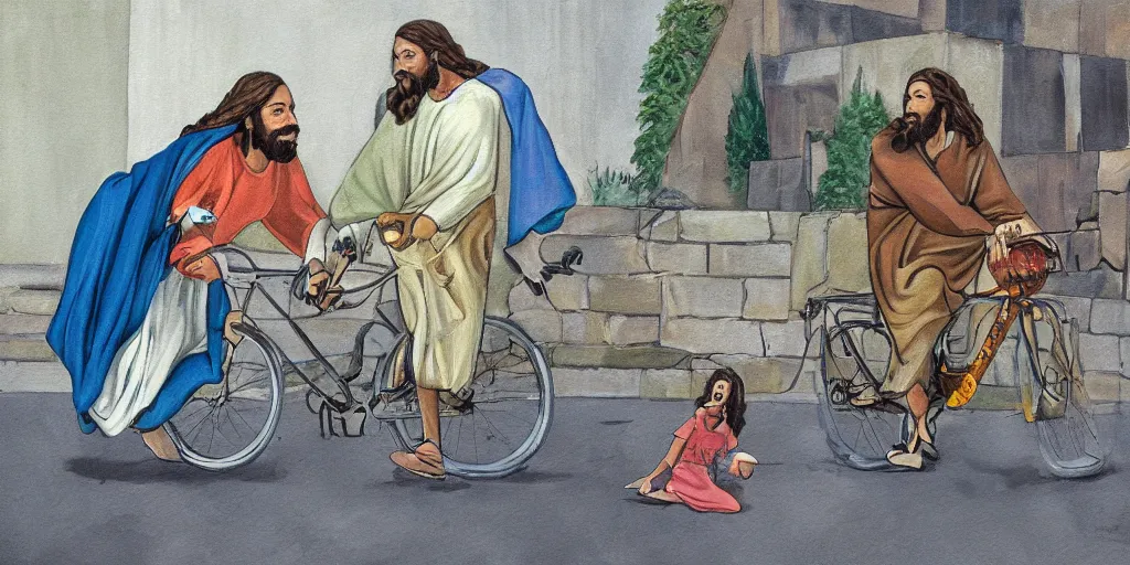 Image similar to a award winning painting of Jesus stealing a bike