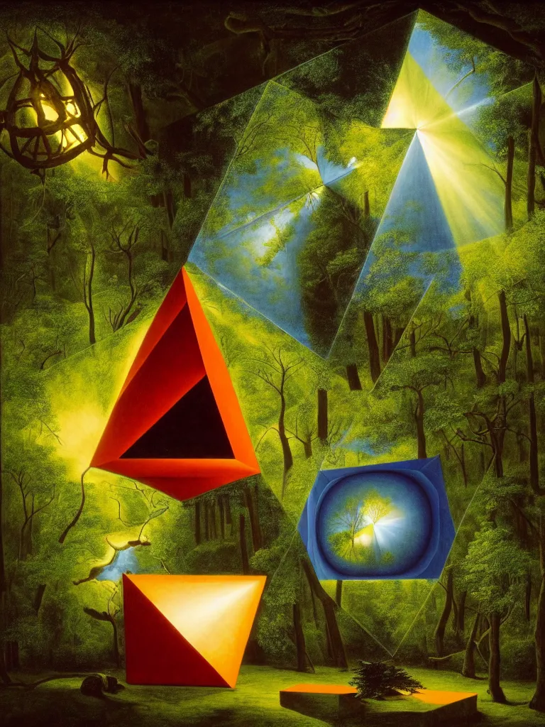 Image similar to hyperrealistic still life portrait of a mind exploding in a forest, beautiful plans, sacred geometry, light refracting through prisms in a tesseract, by caravaggio, botanical print, surrealism, vivid colors, serene, golden ratio, rule of thirds, negative space, minimalist composition, in the style of james turrell