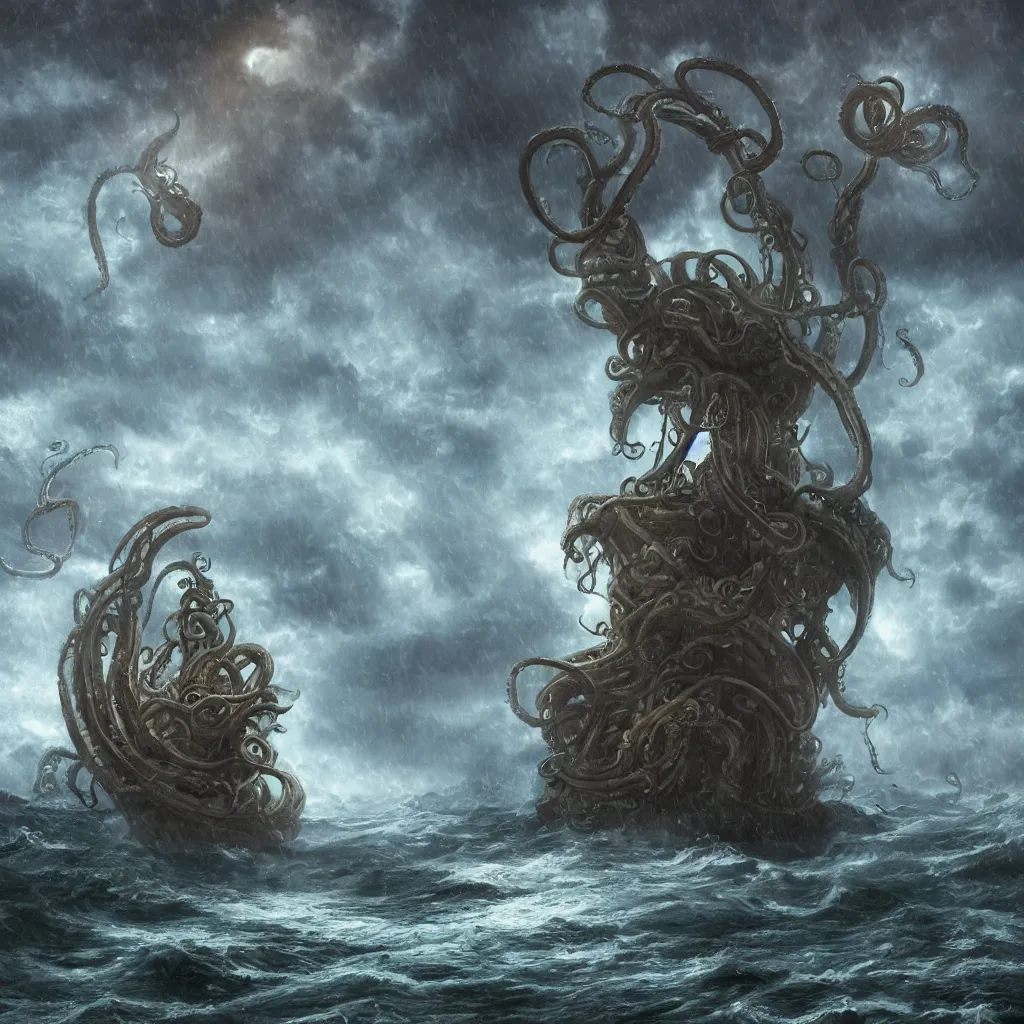 Image similar to A giant tentacle monster attacks a pirate ship at the edge of the world under a heavy rainstorm, 4k detailed digital art