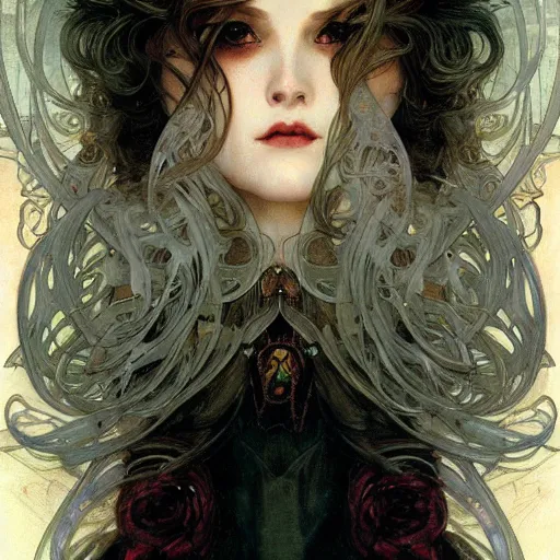 Prompt: realistic detailed face portrait of an Enigmatic Vampire Bride by Alphonse Mucha, Ayami Kojima, Amano, Charlie Bowater, Karol Bak, Greg Hildebrandt, Jean Delville, and Mark Brooks, Art Nouveau, Neo-Gothic, gothic, rich deep moody colors