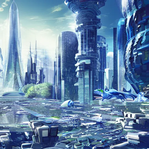 Prompt: an expansive futuristic cityscape underwater