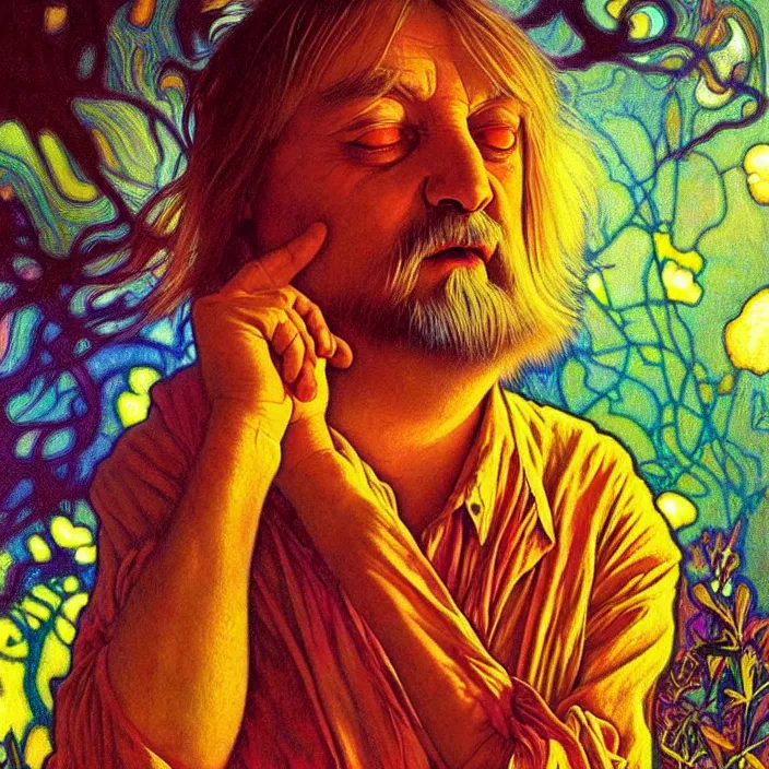 Image similar to bright psychedelic photo of robert wyatt tripping on lsd, diffuse lighting, fantasy, intricate, elegant, highly detailed, lifelike, photorealistic, digital painting, artstation, illustration, concept art, smooth, sharp focus, art by John Collier and Albert Aublet and Krenz Cushart and Artem Demura and Alphonse Mucha