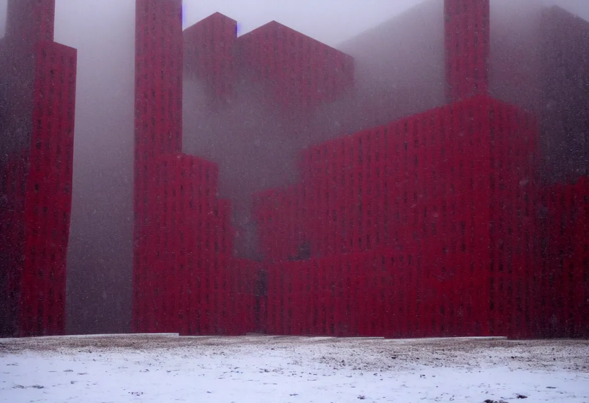 Prompt: a brutalist doomsday building in the snow, dark red drapes hanging out of the windows, mist, ominous