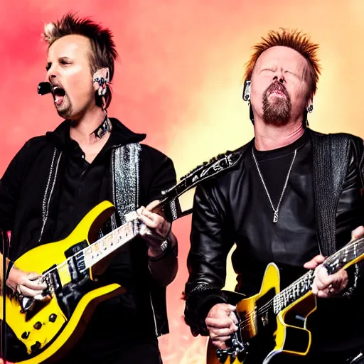 Image similar to matt bellamy from muse and james hetfield from metallica playing on stage, 2 0 1 5 live music video