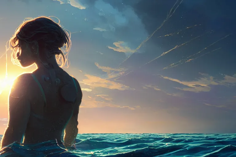 Prompt: detailed intricate digital illustration by greg rutkowski and artgerm and wlop and sanford robinson gifford ; nuclear bomb radiating bright, blinding lens flare across the horizon of a serene ocean, beautiful, glistening water and waves ; 1 3 mm film, arri alfa anamorphic lens, golden hour lighting ; sharp focus ; trending on artstation 8 k