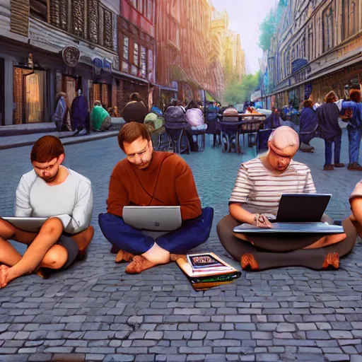 Image similar to a group of realistic bums using laptops near on street, highly detailed, intricate, sharp focus, digital art, 8 k