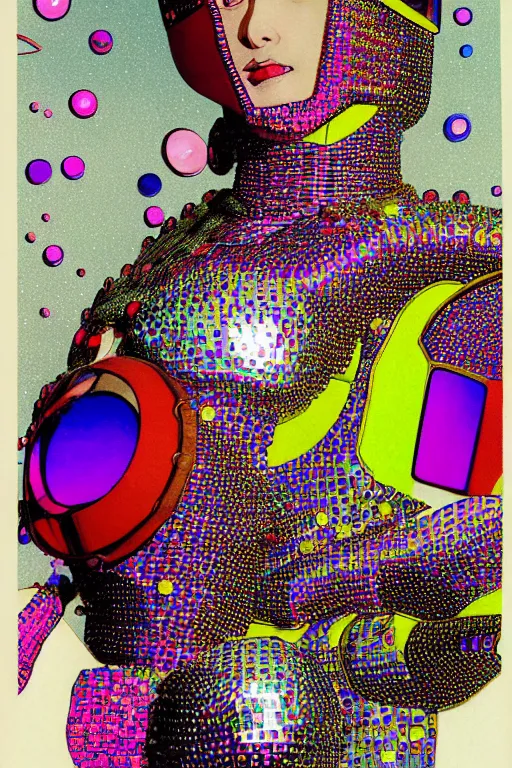 Image similar to risograph grainy drawing vintage sci - fi, satoshi kon color palette, gigantic beautiful bejeweled armored woman full - body covered in colourful gems, 1 9 6 0, kodak, metal wires, natural colors, codex seraphinianus painting by moebius and satoshi kon and alberto mielgoб extreme close - up portrait