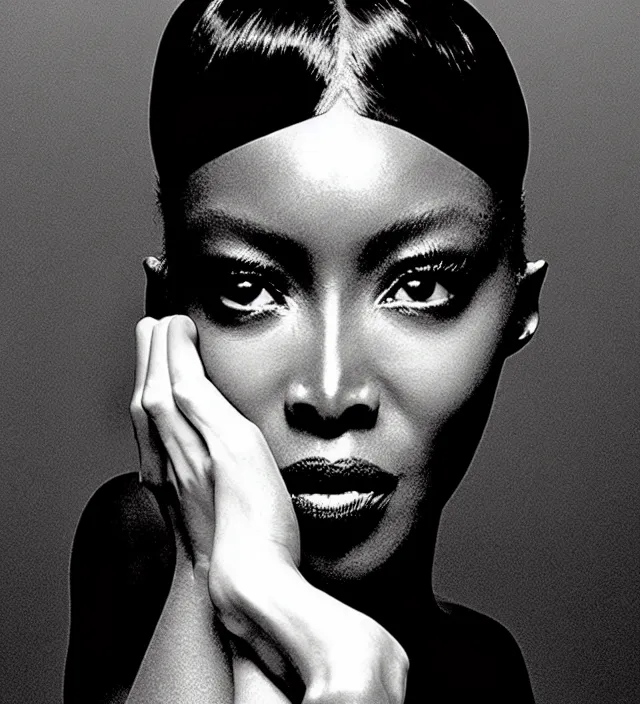 Prompt: mystery film scene starring naomi campbell backlight filmnoir lighting, natural fragile pose, great _ hairstyle, organic dressed by iris van herpen, with stylish makeup. highly detailed, skin grain detail, photography by paolo roversi, amano, nick knight, helmut newton, avedon, araki