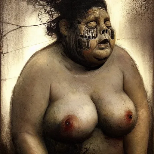 Image similar to portrait of the face of big fat old sumoringer as despair from sandman, venus of willendorf, by jeremy mann, by gregory crewdson, by bastien lecouffe deharme, by russ mills, sad face, topknot, black hair, mourning, black eyes, white room, soft lightning, high detailed, 8 k