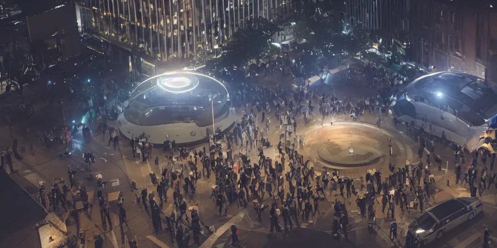 Image similar to policemen protect a huge spiral - shaped luminous object right in the center of the city from protesting people, night, rain and light fog, professional lighting, concept art in 3 d, high detail, professional lighting