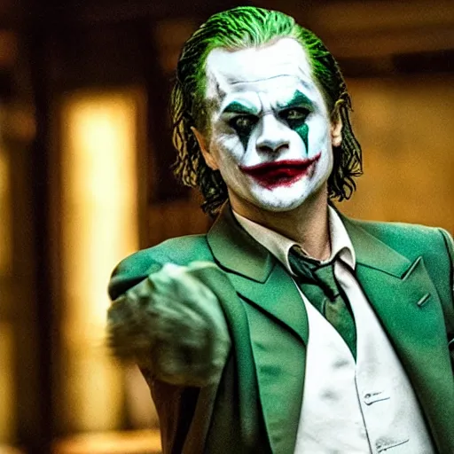 Prompt: still of Leonardo DiCaprio as Joker in new joker film