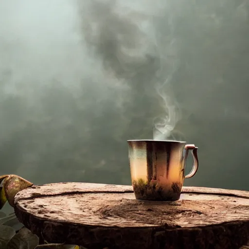 Prompt: spartan drinking tea with trichocereus background and smoke haze, photo in the style of the celestine prophecy