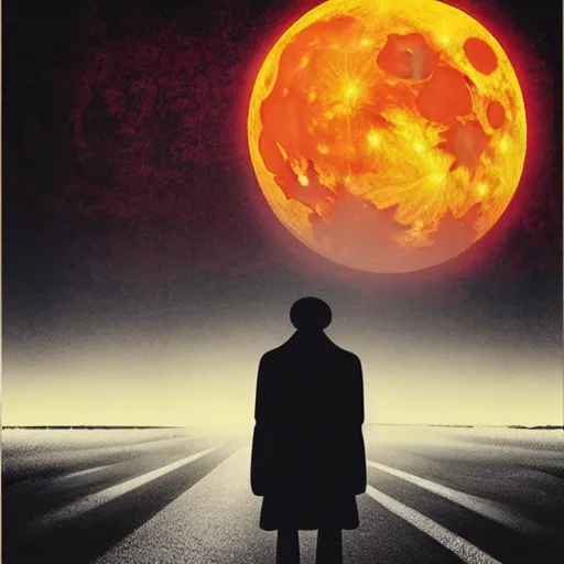 Prompt: movie poster of menacing figure with a cleaver standing in the middle of a road, night, large moon in the sky, by Vasily Barkhatov, excellent composition, dark