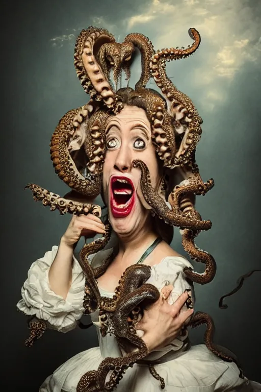 Image similar to a spectacular wideangle portrait of a screaming scary rococo queen with a octopus head, award winning photography