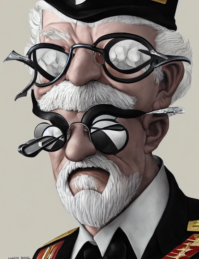 Image similar to a portrait of colonel sanders wearing a military uniform and a black eyepatch over his left eye, by moebius and tyler edlin and hr giger, trending on artstation, digital art, 4 k resolution, detailed, high quality, sharp focus, hq artwork, coherent, insane detail, concept art