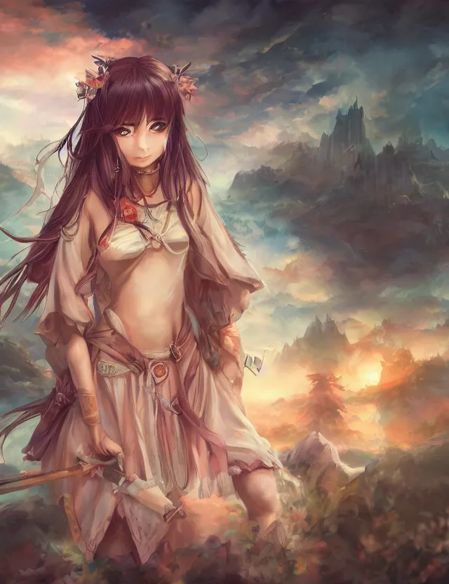 Prompt: scenic wide angle portrait of a teenage girl, bard outfit, anime in fantasy style, trending artwork, painted in anime painter studio, by anato finstark, tony sart, marc simonetti and an anime artist, collaboration