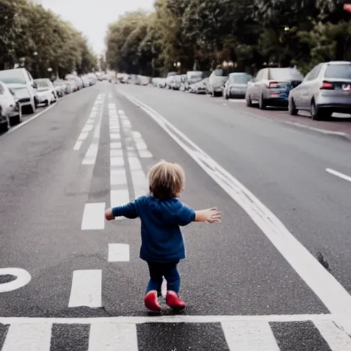 Image similar to photo of a toddler walking in the middle of traffic