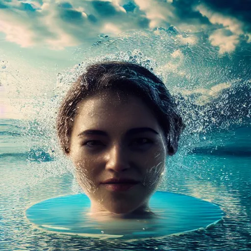 Image similar to water artwork manipulation in the shape of a human head, on the ocean water, ray tracing, realistic water sharp focus, long shot, 8 k resolution, cinematic, water sculpture