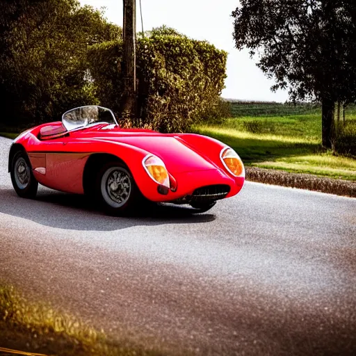 Image similar to photograph of a red Ferrari 166 MM car driving on a country road. a gleaming red barchetta from a better vanished time.