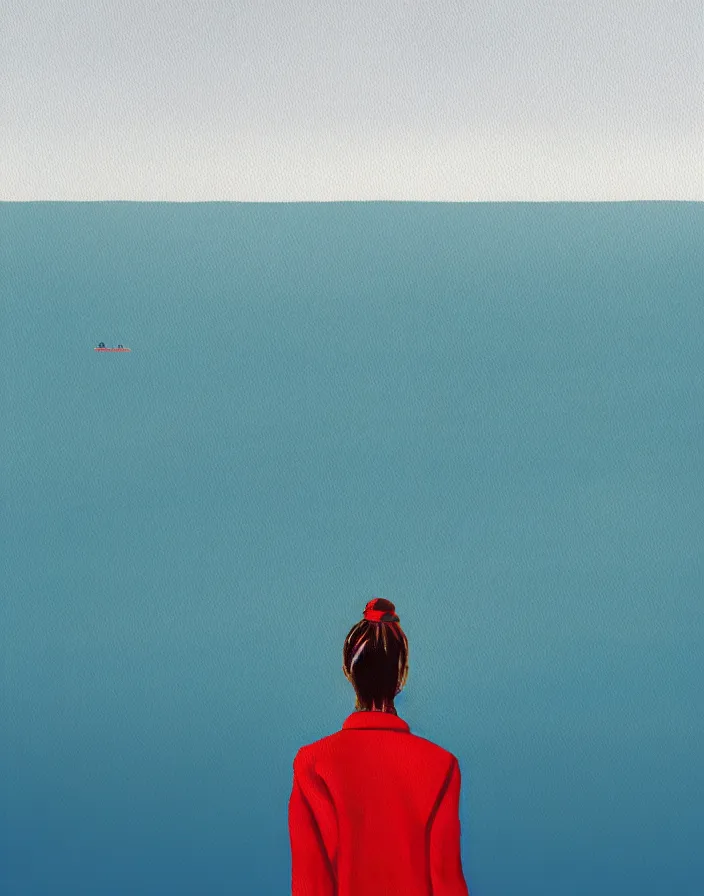 Image similar to wide shot rear view photographer woman hair in a bun long red stripe coat backpack sneakers grasping a nikon dslr camera while looking out over a placid blue lake, a character design painting, in the style of wes anderson, lola dupre, david hockney, isolated on negative white space background dark monochrome fluorescent spraypaint accents volumetric octane render, no double figure