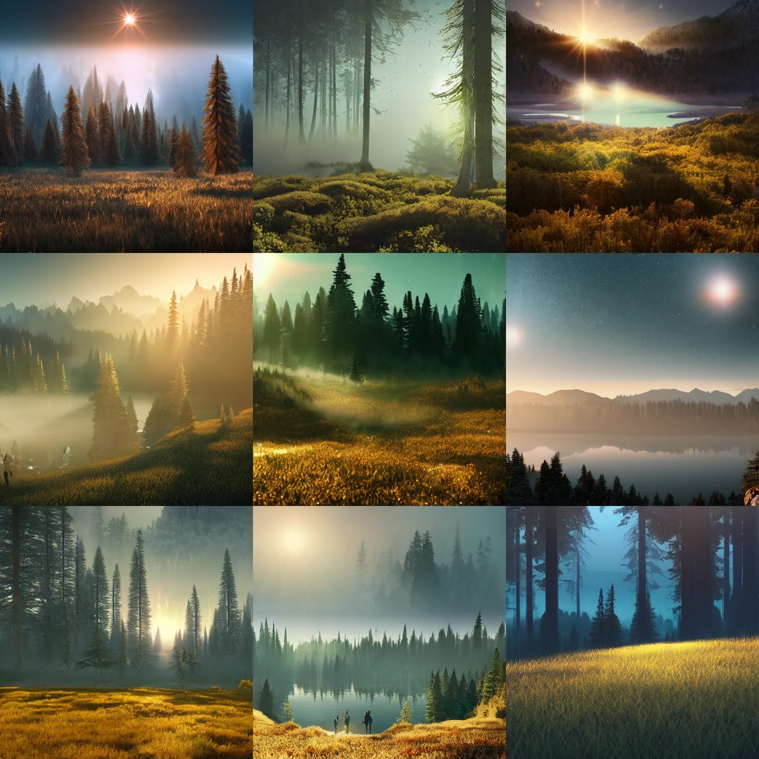 Prompt: epic crystalline forest with a lake, golden hour, misty ground, rocky ground, distant mountains, atmospheric perspective, altostratus clouds, planets, cinematic, 3 5 mm lens, anamorphic lens flare, photographic, octane render, cinematography by roger deakins, in the style of ansel adams