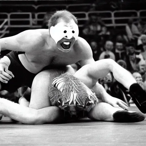 Image similar to maniac marvin mcglory wrestling a bear. madison square garden, 1 9 6 8. award - winning photograph.