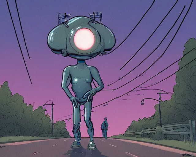 Prompt: a study of cell shaded cartoon of a Grey alien on a country road, street lamps, road, illustration, wide shot, subtle colors, post grunge, concept art by josan gonzales and wlop, by james jean, Victo ngai, David Rubín, Mike Mignola, Laurie Greasley, highly detailed, sharp focus, alien, Trending on Artstation, HQ, deviantart, art by artgem