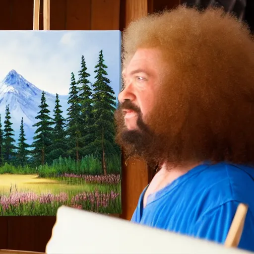 Image similar to a closeup photorealistic photograph of bob ross adding the finishing touches to a canvas painting of kenny powers. mountains and trees. film still. brightly lit scene. this 4 k hd image is trending on artstation, featured on behance, well - rendered, extra crisp, features intricate detail, epic composition and the style of unreal engine.