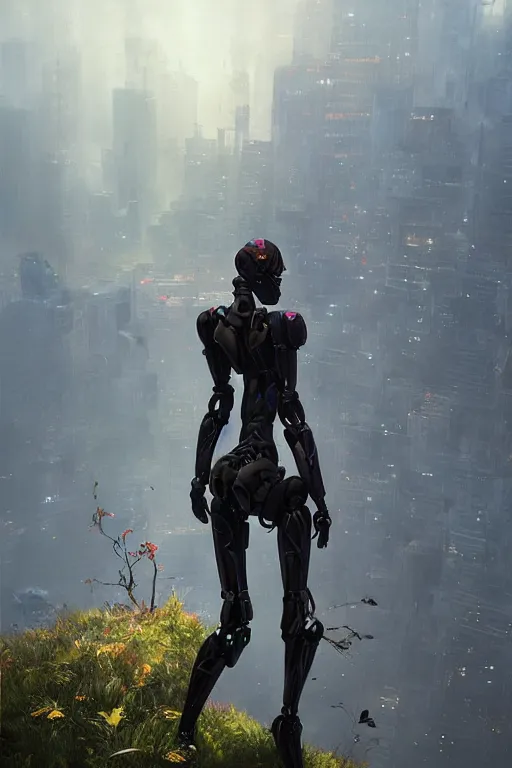 Image similar to humanoid robot standing on cliff in front of over grown new york, art by guweiz, dramatic lighting, highly detailed, incredible quality, trending on artstation