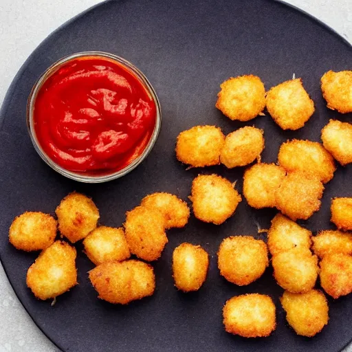 Image similar to food photo of channing tatum's face as tater tot on a plate with ketchup