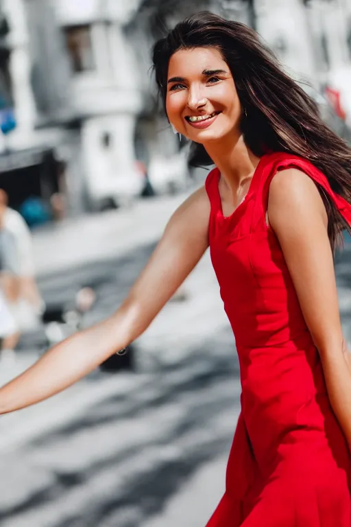 Image similar to blurry close up photo portrait of a smiling pretty woman in a red sleeveless dress, out of focus, street scene