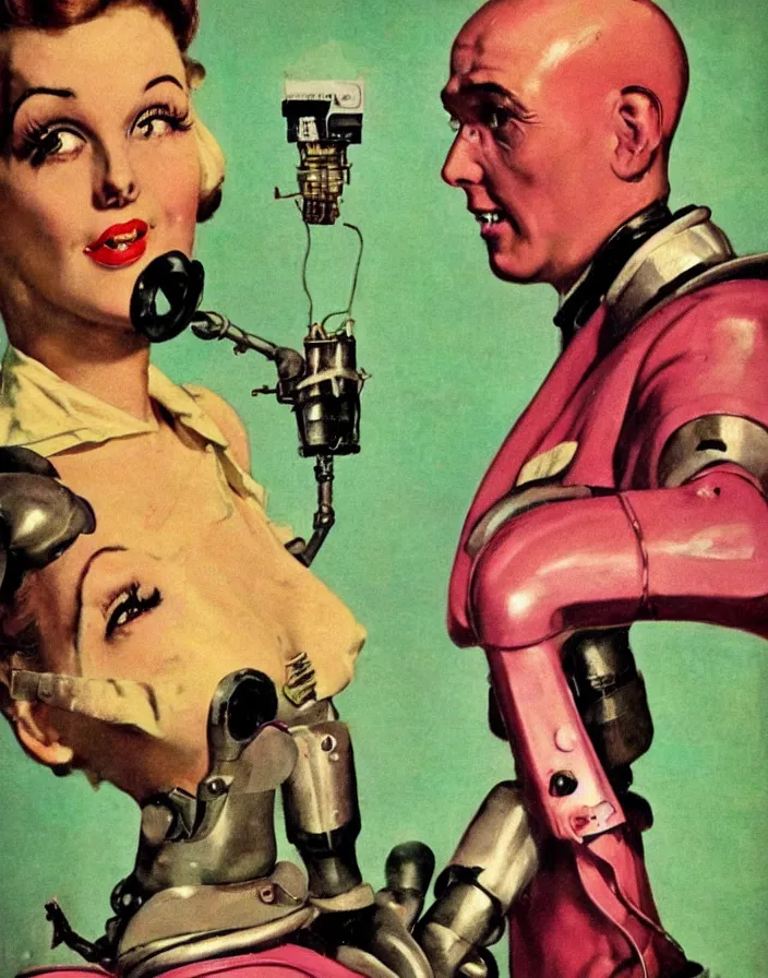 Prompt: a female housewife!!!! being hugged by a manly metal robot!!!! in a suit!!!, 1 9 5 0 s horror film movie poster style, ( norman rockwell oil painting ), close - up shot, tight shot, retro science fiction, vintage, saturated pink and green lighting, shadowy lighting