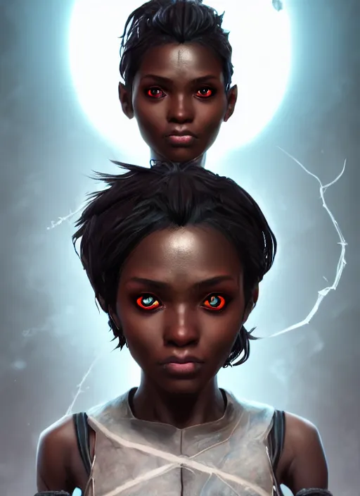 Image similar to An epic fantasy comic book style portrait painting of a short dark skinned girl thief with spidery hair and kind eyes, unreal 5, DAZ, hyperrealistic, octane render, cosplay, RPG portrait, dynamic lighting