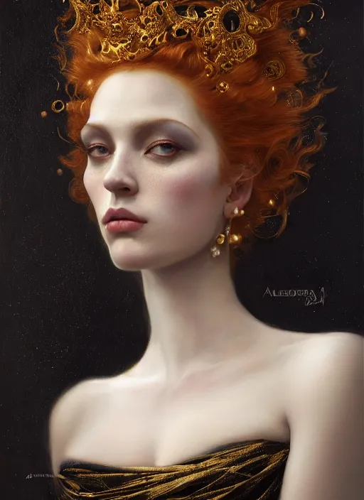 Image similar to highly detailed oil painting | very intricate | cinematic lighting | black, white and gold color scheme, dark background | the redhead princess of fire dressed by alexander mcqueen | by roberto ferri, by tom bagshaw, by singer sargent and klimt, american romanticism, occult art | by austin osman spare, artstation, cgsociety, official art, octane