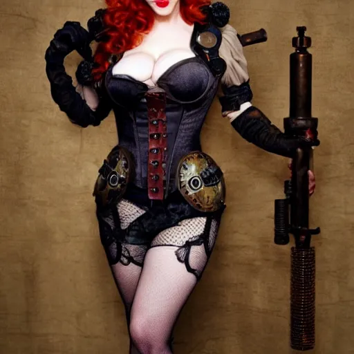 Prompt: full body photo of christina hendricks as a steampunk vampire warrior