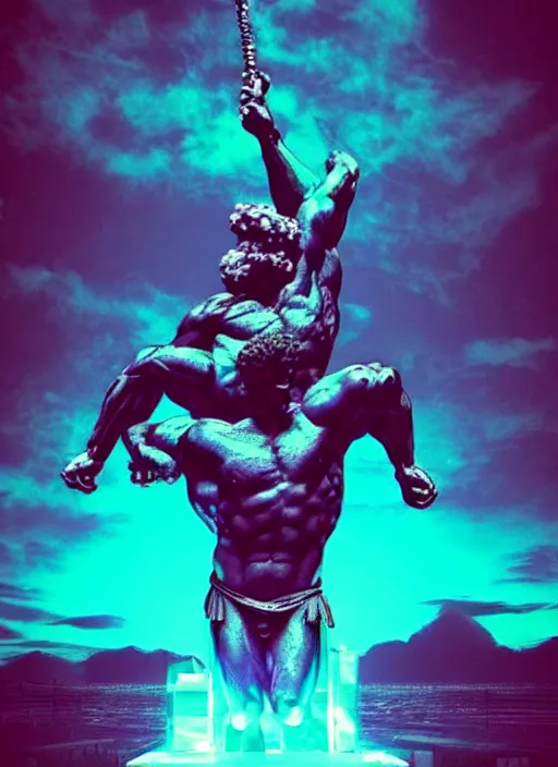 Image similar to statue of hercules looking angry, beeple, vaporwave, retrowave, black background, neon wiring, black, glitch, strong contrast, pinterest, trending on artstation