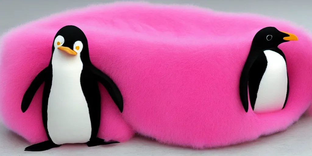 Image similar to realistic penguin sitting in an pink fluffy bed waving