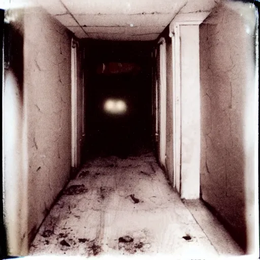 Image similar to a terrifying monster at the end of a hallway, dark!, creepy, nightmare fuel!!!, bones, horror, horrifying, unsettling, uncanny valley!, old polaroid, expired film,