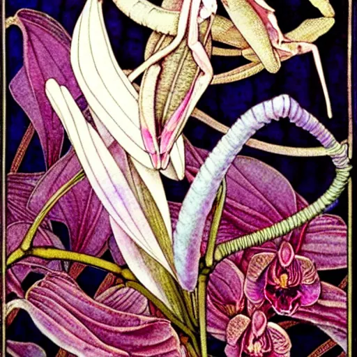 Image similar to orchid mantis by William Morris and Carlos Schwabe, horizontal symmetry, exquisite fine details, baroque ornamentation, Art Nouveau botanicals, deep rich moody colors