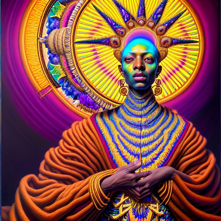 Image similar to beautiful oil painting, full length portrait of Ethiopian dauphin in baroque coronation robes 1701, Dan Mumford, Dan Mumford, Alex grey, hyacinthe rigaurd, highly detailed , lsd visuals, dmt fractal patterns, visionary art, psychedelic art, ornate, vaporwave, baroque, Greg rutkowski