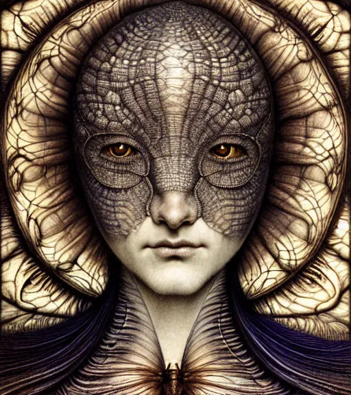 Prompt: detailed realistic beautiful moth goddess face portrait by jean delville, gustave dore, iris van herpen and marco mazzoni, art forms of nature by ernst haeckel, art nouveau, symbolist, visionary, gothic, neo - gothic, pre - raphaelite, fractal lace, intricate alien botanicals, ai biodiversity, surreality, hyperdetailed ultrasharp octane render