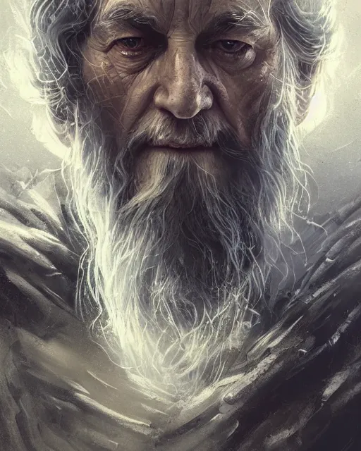 Prompt: gandalf with cybernetic enhancements, detailed face, scifi character portrait by greg rutkowski, esuthio, craig mullins, 1 / 4 headshot, cinematic lighting, dystopian scifi gear, gloomy, profile picture, mechanical, half robot, implants, steampunk