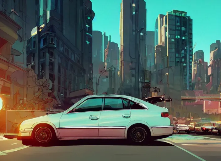 Image similar to a sedan car in a city. sharp focus, cinematic pose, cinematic lighting, unreal engine render. art by josan gonzales and moebius and deathburger.