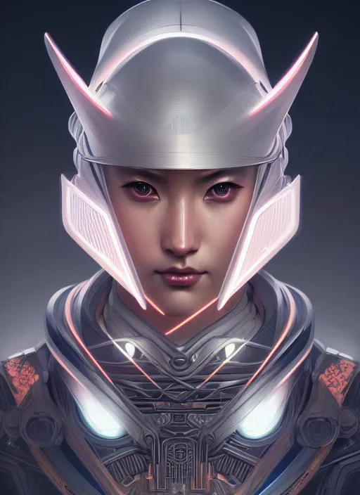 Image similar to symmetry!! portrait of futuristic samurai, sci - fi, tech wear, intricate, elegant, highly detailed, digital painting, artstation, cinematic lighting, concept art, smooth, sharp focus, illustration, art by artgerm and greg rutkowski and alphonse mucha, 8 k