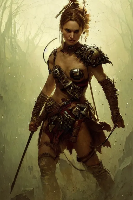 Image similar to natalie portman, legendary warrior, heroic fighter, dungeons & dragons, tattoos, decorative ornaments, battle armor, by carl spitzweg, ismail inceoglu, vdragan bibin, hans thoma, greg rutkowski, alexandros pyromallis, perfect face, detailed, sharply focused, centered, rule of thirds, realistic shading