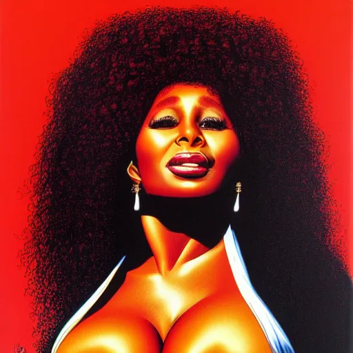 Image similar to chaka khan by clyde caldwell, very detailed, low contrast, dark background, 4 k