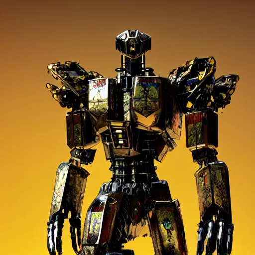 Image similar to a shiny ornate boxing humanoid mecha in ruin city, victory, punk style, by war robots, real steel ( 2 0 1 1 ), westworld and eve venture and pacific rim and machine warrior 5, cryengine, frostbite 3 engine, scarlet and yellow scheme, sharp focus, 8 k, high definition, insanely detailed, soft lighting, smooth face